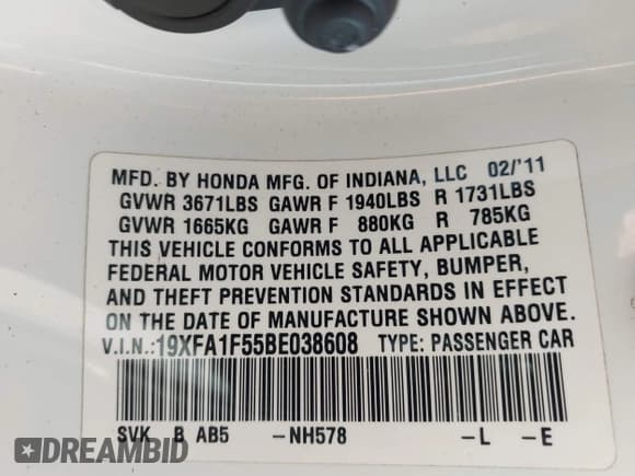 ✅ 2011 Honda Civic LX • VIN: 19XFA1F55BE038608 • Lot: 43757906. Listed on IAAI with 152,551 mi. Free auction sales archive from the USA and detailed vehicle history report at DreamBid. Image 9.