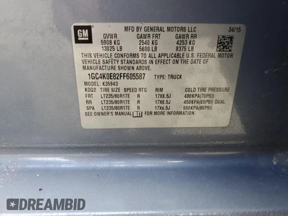 ✅ 2015 Chevrolet Silverado 3500HD LTZ • VIN: 1GC4K0E82FF605587 • Lot: 70637435. Listed on Copart with 151,106 mi. Free auction sales archive from the USA and detailed vehicle history report at DreamBid. Image 13.