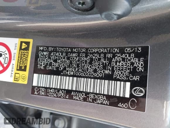 ✅ 2013 Lexus ES 300h • VIN: JTHBW1GG6D2029091 • Лот: 42591195. Опубликован ранее на IAAI с пробегом 83 739 миль. Бесплатный доступ к архиву аукционных продаж из США и подробный отчёт об истории автомобиля на DreamBid. Изображение 9.