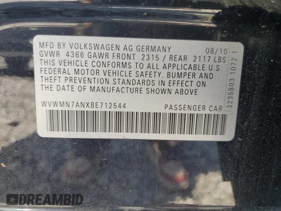 ✅ 2011 Volkswagen CC Sport • VIN: WVWMN7ANXBE712544 • Lot: 57450165. Wystawiony na Copart z przebiegiem 129 020 mil. Bezpłatny archiwum sprzedaży aukcyjnych z USA i szczegółowy raport historii pojazdu na DreamBid. Zdjęcie 12.