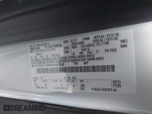 ✅ 2017 Ford Transit XL • VIN: 1FMZK1YM9HKA67545 • Lot: 41781010. Wystawiony na IAAI z przebiegiem 46 544 mil. Bezpłatny archiwum sprzedaży aukcyjnych z USA i szczegółowy raport historii pojazdu na DreamBid. Zdjęcie 9.