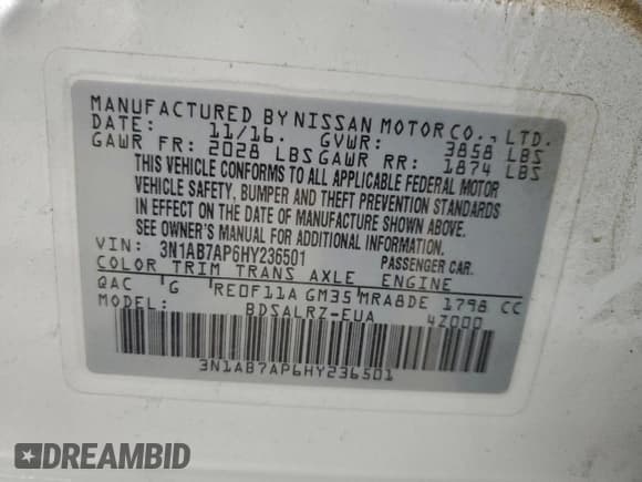 ✅ 2017 Nissan Sentra SR • VIN: 3N1AB7AP6HY236501 • Lot: 94279135. Listed on Copart with 61,015 mi. Free auction sales archive from the USA and detailed vehicle history report at DreamBid. Image 12.