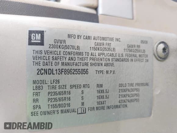 ✅ 2009 Chevrolet Equinox LS • VIN: 2CNDL13F896255056 • Лот: 41638719. Опубликован ранее на IAAI с пробегом 124 064 миль. Бесплатный доступ к архиву аукционных продаж из США и подробный отчёт об истории автомобиля на DreamBid. Изображение 9.