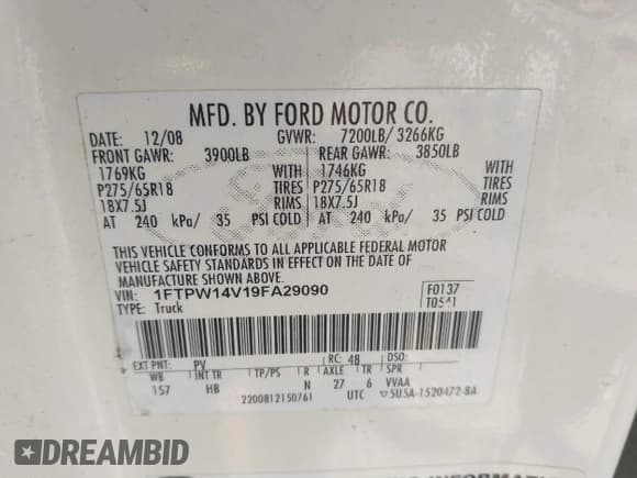 ✅ 2009 Ford F-150 XL • VIN: 1FTPW14V19FA29090 • Lot: 42951431. Listed on IAAI with 127,777 mi. Free auction sales archive from the USA and detailed vehicle history report at DreamBid. Image 9.