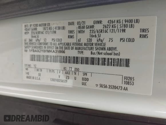 ✅ 2021 Ford Transit Passenger XL • VIN: 1FBAX2Y80MKA31866 • Lot: 42445861. Listed on IAAI with 65,193 mi. Free auction sales archive from the USA and detailed vehicle history report at DreamBid. Image 9.