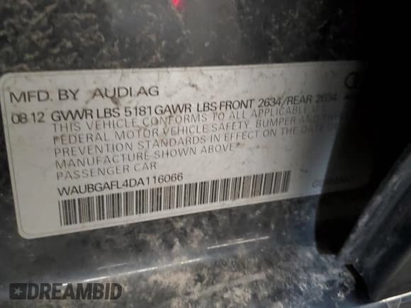 ✅ 2013 Audi S4 Premium Plus • VIN: WAUBGAFL4DA116066 • Lot: 43337975. Listed on Copart with 68,680 mi. Free auction sales archive from the USA and detailed vehicle history report at DreamBid. Image 13.