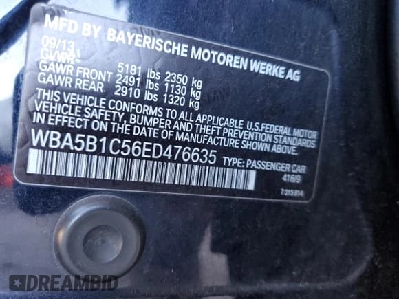 ✅ 2014 BMW 5 Series 535i • VIN: WBA5B1C56ED476635 • Lot: 92602855. Listed on Copart with 150,379 mi. Free auction sales archive from the USA and detailed vehicle history report at DreamBid. Image 12.