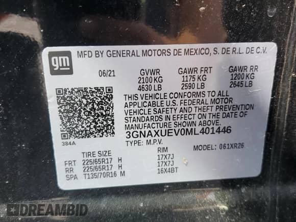 2021 Chevrolet Equinox LT с VIN 3GNAXUEV0ML401446, выставлен на аукционе Copart как лот 80210835 с пробегом 51 661 миль миль и Списание • Salvage title. История ставок и продаж доступна на DreamBid. Изображение 13.