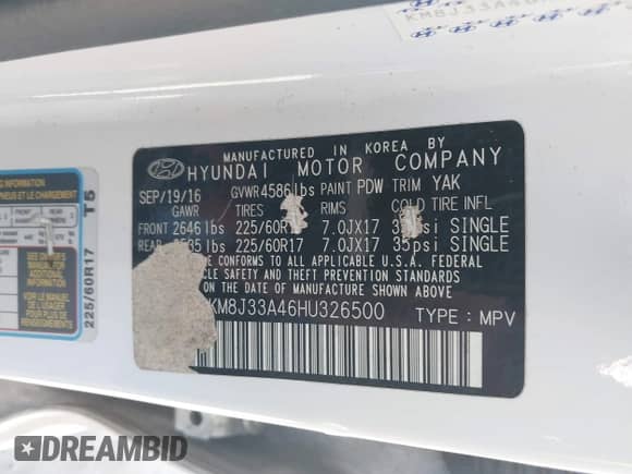 2017 Hyundai Tucson SE z VIN KM8J33A46HU326500, wystawiony jako IAAI lot #43413958 z przebiegiem 114 688 mil mil oraz . Historia ofert i sprzedaży dostępna na DreamBid. Obrazek 9.