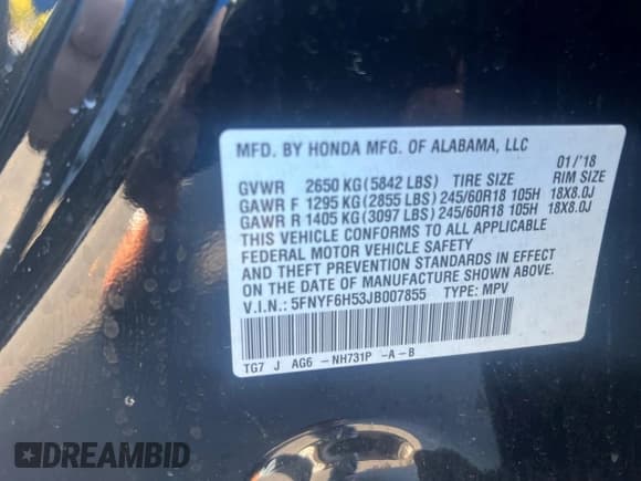 ✅ 2018 Honda Pilot EX-L • VIN: 5FNYF6H53JB007855 • Лот: 91276035. Опубликован ранее на Copart с пробегом 106 331 миль. Бесплатный доступ к архиву аукционных продаж из США и подробный отчёт об истории автомобиля на DreamBid. Изображение 10.