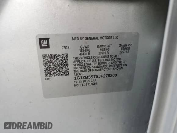 2018 Chevrolet Malibu LS с VIN 1G1ZB5ST8JF276200, выставлен на аукционе Copart как лот 58768725 с пробегом Не указан миль и Списание • Salvage title. История ставок и продаж доступна на DreamBid. Изображение 12.