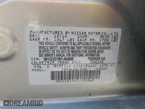 ✅ 2015 Nissan Note SR • VIN: 3N1CE2CP6FL404860 • Lot: 65280695. Listed on Copart with 152,880 mi. Free auction sales archive from the USA and detailed vehicle history report at DreamBid. Image 13.