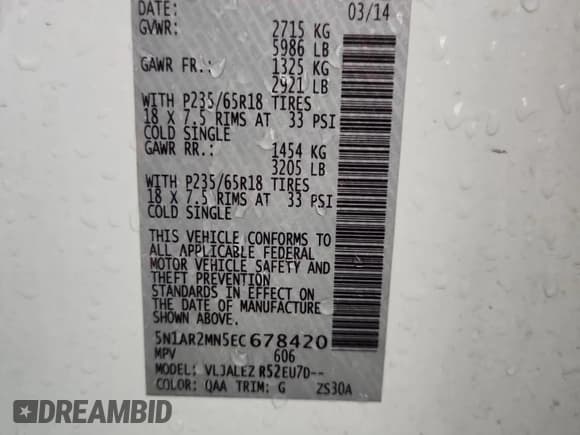 ✅ 2014 Nissan Pathfinder SL • VIN: 5N1AR2MN5EC678420 • Lot: 84638025. Wystawiony na Copart z przebiegiem 130 757 mil. Bezpłatny archiwum sprzedaży aukcyjnych z USA i szczegółowy raport historii pojazdu na DreamBid. Zdjęcie 14.