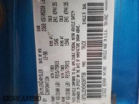 ✅ 1999 Dodge Dakota SLT • VIN: 1B7GL22X5XS207736 • Lot: 42440975. Wystawiony na Copart z przebiegiem 194 001 mil. Bezpłatny archiwum sprzedaży aukcyjnych z USA i szczegółowy raport historii pojazdu na DreamBid. Zdjęcie 12.