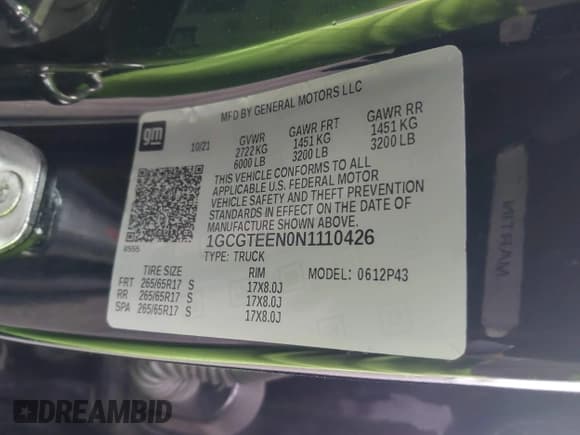 ✅ 2022 Chevrolet Colorado 4WD ZR2 • VIN: 1GCGTEEN0N1110426 • Lot: 42519944. Listed on IAAI with 41,261 mi. Free auction sales archive from the USA and detailed vehicle history report at DreamBid. Image 9.