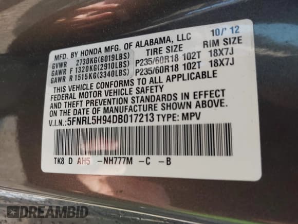 ✅ 2013 Honda Odyssey Touring • VIN: 5FNRL5H94DB017213 • Lot: 43629021. Wystawiony na IAAI z przebiegiem 92 185 mil. Bezpłatny archiwum sprzedaży aukcyjnych z USA i szczegółowy raport historii pojazdu na DreamBid. Zdjęcie 9.