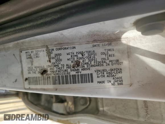 ✅ 1999 Toyota 4Runner Limited • VIN: JT3GN87R0X0103162 • Lot: 70743945. Listed on Copart with 407,584 mi. Free auction sales archive from the USA and detailed vehicle history report at DreamBid. Image 13.