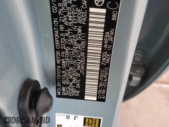 ✅ 2015 Toyota Prius Two • VIN: JTDKN3DU9F1935111 • Lot: 85426165. Listed on Copart with 139,908 mi. Free auction sales archive from the USA and detailed vehicle history report at DreamBid. Image 12.