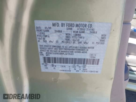 2009 Mercury Mariner Hybrid с VIN 4M2CU29329KJ21523, выставлен на аукционе IAAI как лот 41876791 с пробегом 173 359 миль миль и . История ставок и продаж доступна на DreamBid. Изображение 9.