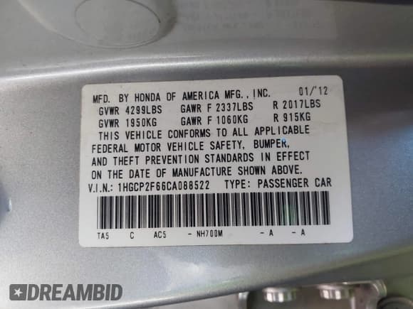 ✅ 2012 Honda Accord SE • VIN: 1HGCP2F66CA088522 • Lot: 43625063. Listed on IAAI with 283,327 mi. Free auction sales archive from the USA and detailed vehicle history report at DreamBid. Image 9.