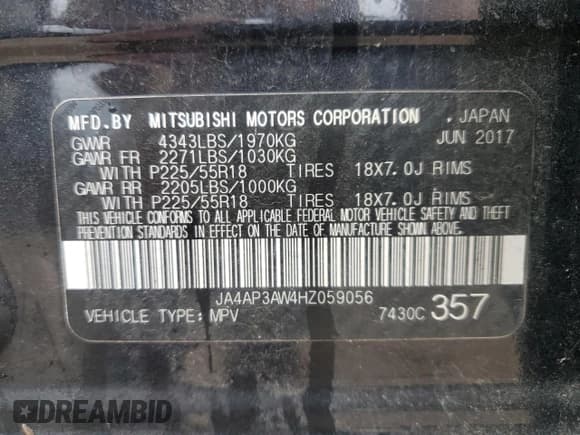 ✅ 2017 Mitsubishi Outlander SE • VIN: JA4AP3AW4HZ059056 • Lot: 83951765. Listed on Copart with 54,664 mi. Free auction sales archive from the USA and detailed vehicle history report at DreamBid. Image 13.