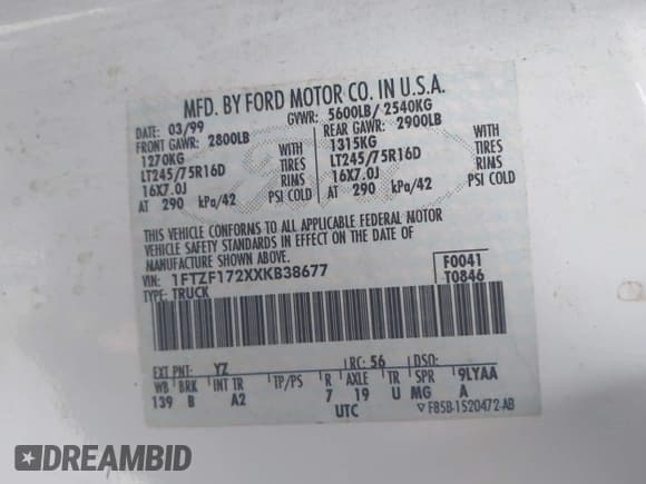 ✅ 1999 Ford F-150 • VIN: 1FTZF172XXKB38677 • Лот: 41915825. Опубликован ранее на IAAI с пробегом Не указан. Бесплатный доступ к архиву аукционных продаж из США и подробный отчёт об истории автомобиля на DreamBid. Изображение 9.