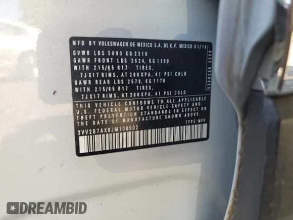 ✅ 2018 Volkswagen Tiguan SEL • VIN: 3VV2B7AX8JM100502 • Lot: 81006435. Listed on Copart with 89,904 mi. Free auction sales archive from the USA and detailed vehicle history report at DreamBid. Image 13.