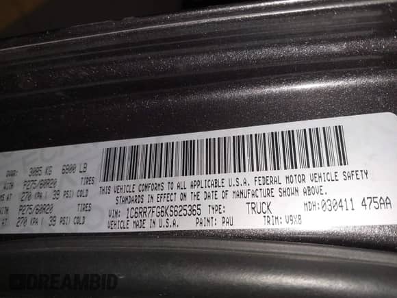 2019 Ram 1500 Tradesman with VIN 1C6RR7FG6KS625365, listed as a IAAI auction lot 42163213 with 99,259 mi miles and . Bid and sale history available at DreamBid. Image 9.