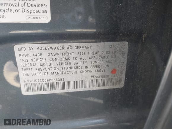 ✅ 2009 Volkswagen Passat Komfort • VIN: WVWJK73C69P055392 • Lot: 43680340. Listed on IAAI with 95,599 mi. Free auction sales archive from the USA and detailed vehicle history report at DreamBid. Image 9.