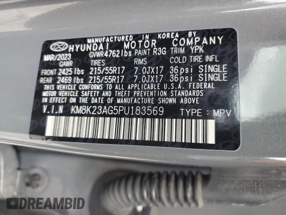 ✅ 2023 Hyundai Kona SE • VIN: KM8K23AG5PU183569 • Лот: 41819054. Опубликован ранее на Copart с пробегом 7 970 миль. Бесплатный доступ к архиву аукционных продаж из США и подробный отчёт об истории автомобиля на DreamBid. Изображение 12.