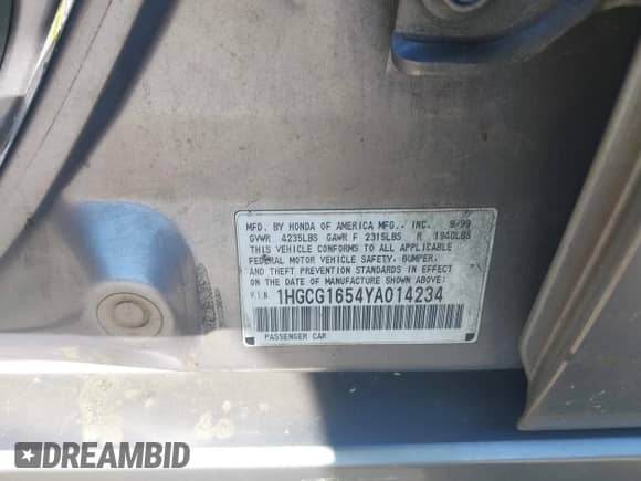 2000 Honda Accord EX с VIN 1HGCG1654YA014234, выставлен на аукционе IAAI как лот 43488342 с пробегом 275 038 миль миль и . История ставок и продаж доступна на DreamBid. Изображение 9.