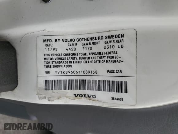 ✅ 1996 Volvo 960 • VIN: YV1KS9606T1089158 • Lot: 84606375. Listed on Copart with 103,197 mi. Free auction sales archive from the USA and detailed vehicle history report at DreamBid. Image 12.