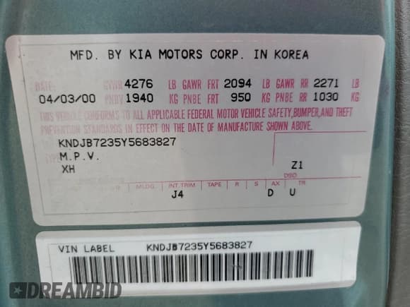 ✅ 2000 Kia Sportage • VIN: KNDJB7235Y5683827 • Lot: 71767285. Listed on Copart with 94,291 mi. Free auction sales archive from the USA and detailed vehicle history report at DreamBid. Image 13.