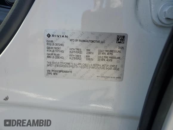 ✅ 2025 Rivian R1S Premium • VIN: 7PDSGCBP8SN064110 • Lot: 71743095. Listed on Copart with Not provided. Free auction sales archive from the USA and detailed vehicle history report at DreamBid. Image 14.