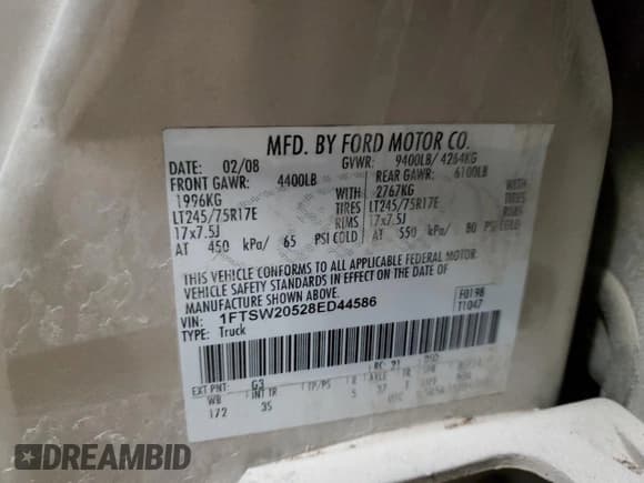 ✅ 2008 Ford F-250 XL • VIN: 1FTSW20528ED44586 • Lot: 83559544. Wystawiony na Copart z przebiegiem 325 052 mil. Bezpłatny archiwum sprzedaży aukcyjnych z USA i szczegółowy raport historii pojazdu na DreamBid. Zdjęcie 12.