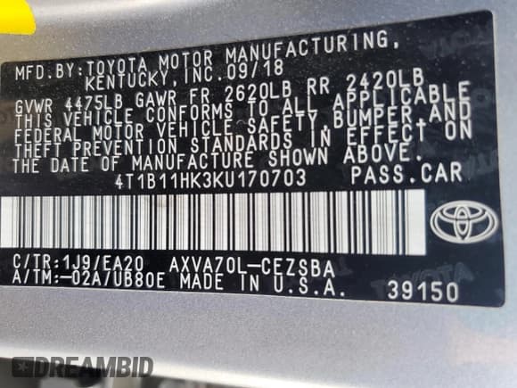 ✅ 2019 Toyota Camry LE • VIN: 4T1B11HK3KU170703 • Lot: 80862605. Wystawiony na Copart z przebiegiem 62 485 mil. Bezpłatny archiwum sprzedaży aukcyjnych z USA i szczegółowy raport historii pojazdu na DreamBid. Zdjęcie 12.