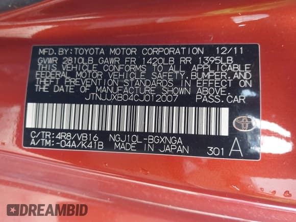 ✅ 2012 Scion iQ • VIN: JTNJJXB04CJ012007 • Lot: 43357798. Listed on IAAI with 133,920 mi. Free auction sales archive from the USA and detailed vehicle history report at DreamBid. Image 9.