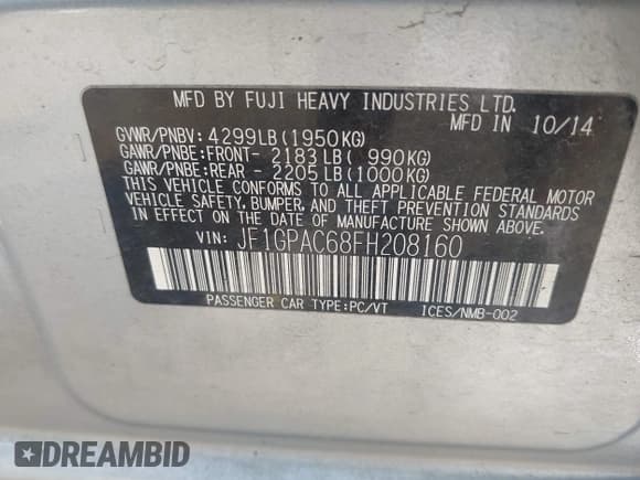 ✅ 2015 Subaru Impreza Premium • VIN: JF1GPAC68FH208160 • Lot: 42983145. Listed on IAAI with 67,518 mi. Free auction sales archive from the USA and detailed vehicle history report at DreamBid. Image 9.