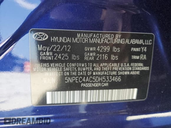 ✅ 2013 Hyundai Sonata SE • VIN: 5NPEC4AC5DH533466 • Lot: 69380854. Listed on Copart with 117,970 mi. Free auction sales archive from the USA and detailed vehicle history report at DreamBid. Image 14.