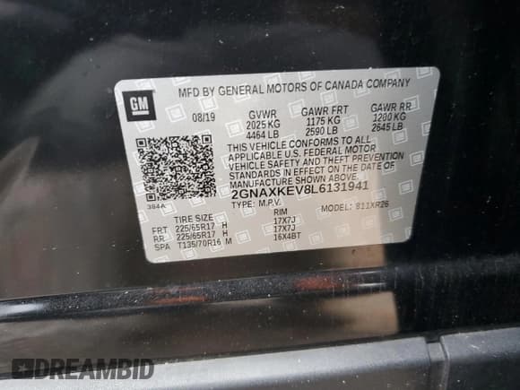 ✅ 2020 Chevrolet Equinox LT • VIN: 2GNAXKEV8L6131941 • Лот: 84011515. Опубликован ранее на Copart с пробегом 128 239 миль. Бесплатный доступ к архиву аукционных продаж из США и подробный отчёт об истории автомобиля на DreamBid. Изображение 13.