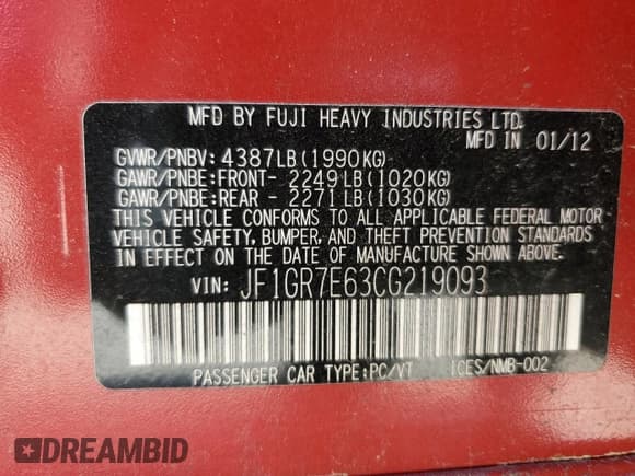 ✅ 2012 Subaru WRX WRX Limited • VIN: JF1GR7E63CG219093 • Lot: 57156745. Listed on Copart with 123,630 mi. Free auction sales archive from the USA and detailed vehicle history report at DreamBid. Image 13.