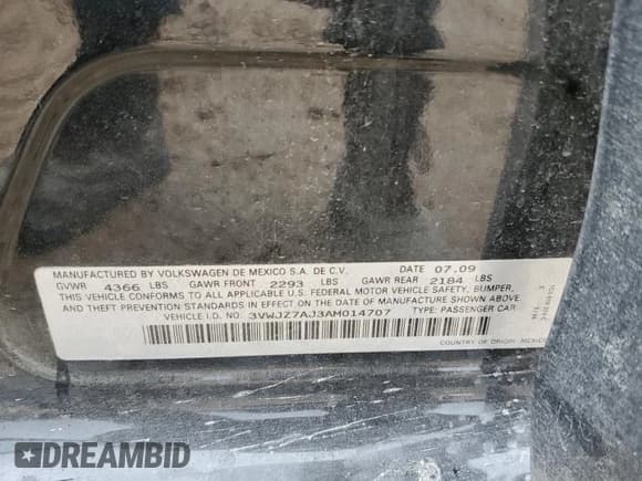 ✅ 2010 Volkswagen Jetta S • VIN: 3VWJZ7AJ3AM014707 • Lot: 83381294. Listed on Copart with Not provided. Free auction sales archive from the USA and detailed vehicle history report at DreamBid. Image 12.