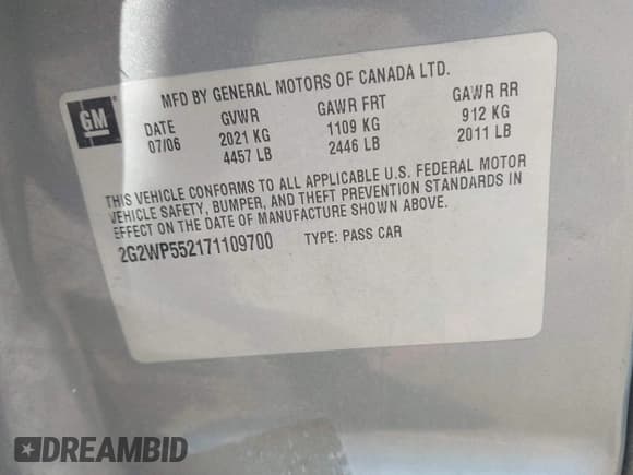 ✅ 2007 Pontiac Grand Prix • VIN: 2G2WP552171109700 • Lot: 42977621. Listed on IAAI with 235,131 mi. Free auction sales archive from the USA and detailed vehicle history report at DreamBid. Image 9.