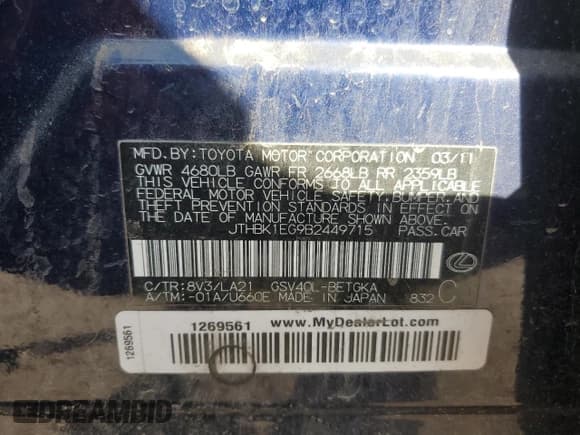 ✅ 2011 Lexus ES 330 • VIN: JTHBK1EG9B2449715 • Lot: 81827645. Listed on Copart with 146,156 mi. Free auction sales archive from the USA and detailed vehicle history report at DreamBid. Image 13.