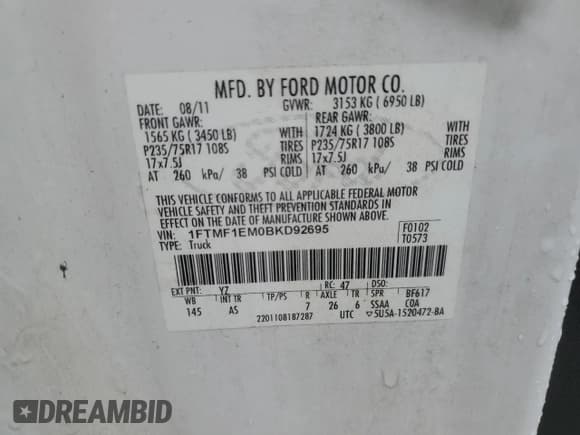 ✅ 2011 Ford F-150 XL • VIN: 1FTMF1EM0BKD92695 • Lot: 85693775. Listed on Copart with 54,818 mi. Free auction sales archive from the USA and detailed vehicle history report at DreamBid. Image 12.