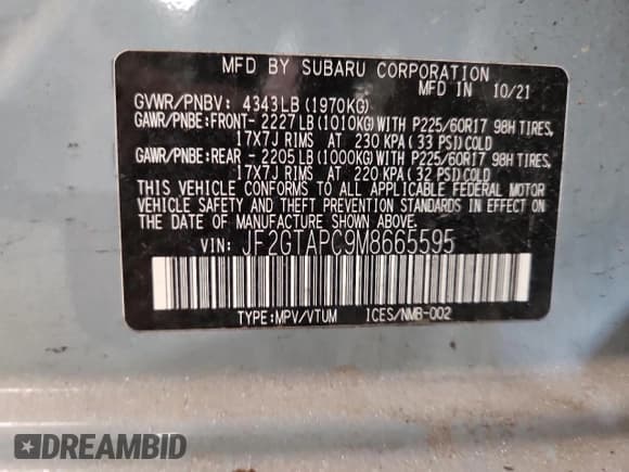 ✅ 2021 Subaru Crosstrek Premium • VIN: JF2GTAPC9M8665595 • Lot: 60480065. Wystawiony na Copart z przebiegiem 35 083 mil. Bezpłatny archiwum sprzedaży aukcyjnych z USA i szczegółowy raport historii pojazdu na DreamBid. Zdjęcie 12.