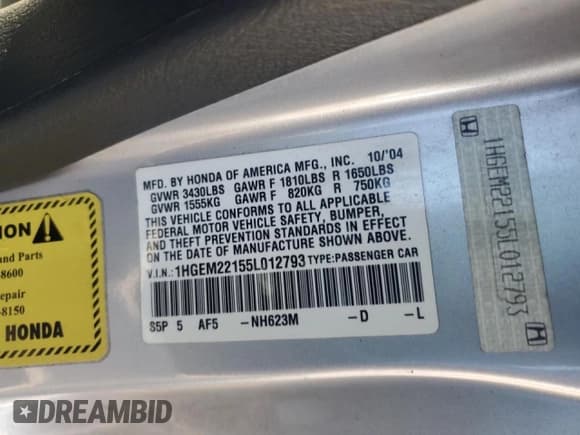 ✅ 2005 Honda Civic VP • VIN: 1HGEM22155L012793 • Lot: 50197545. Listed on Copart with 195,723 mi. Free auction sales archive from the USA and detailed vehicle history report at DreamBid. Image 12.