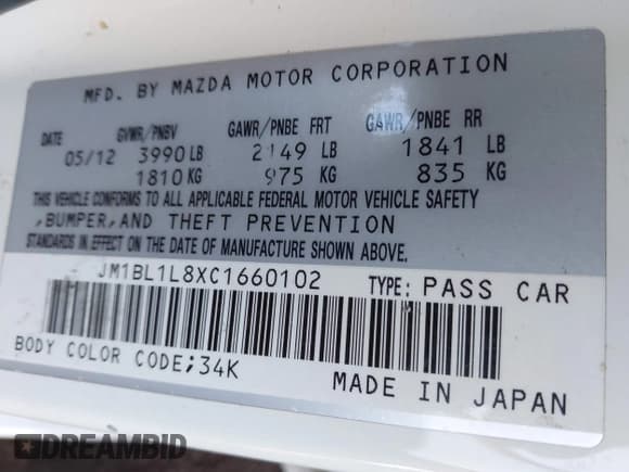 ✅ 2012 Mazda 3 i Touring • VIN: JM1BL1L8XC1660102 • Lot: 42398247. Listed on IAAI with 175,043 mi. Free auction sales archive from the USA and detailed vehicle history report at DreamBid. Image 9.