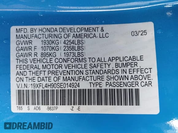 ✅ 2025 Honda Civic Sport Touring • VIN: 19XFL4H90SE014924 • Lot: 43245036. Listed on IAAI with 3,772 mi. Free auction sales archive from the USA and detailed vehicle history report at DreamBid. Image 9.
