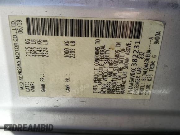 ✅ 2019 Nissan Maxima SL • VIN: 1N4AA6AV0KC382231 • Lot: 46753695. Listed on Copart with 61,009 mi. Free auction sales archive from the USA and detailed vehicle history report at DreamBid. Image 12.